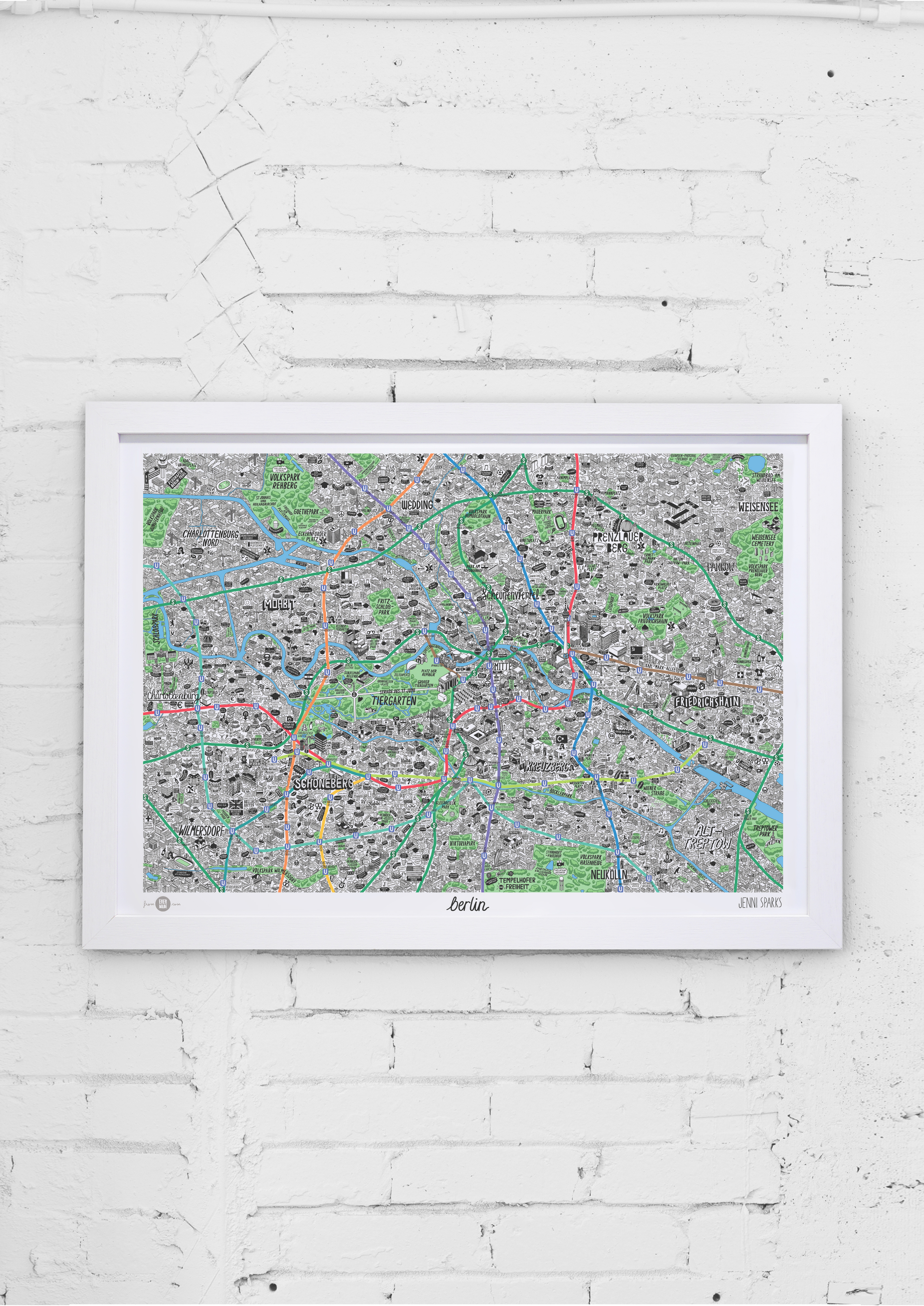 Germany Hand drawn map of Berlin art print Square-small